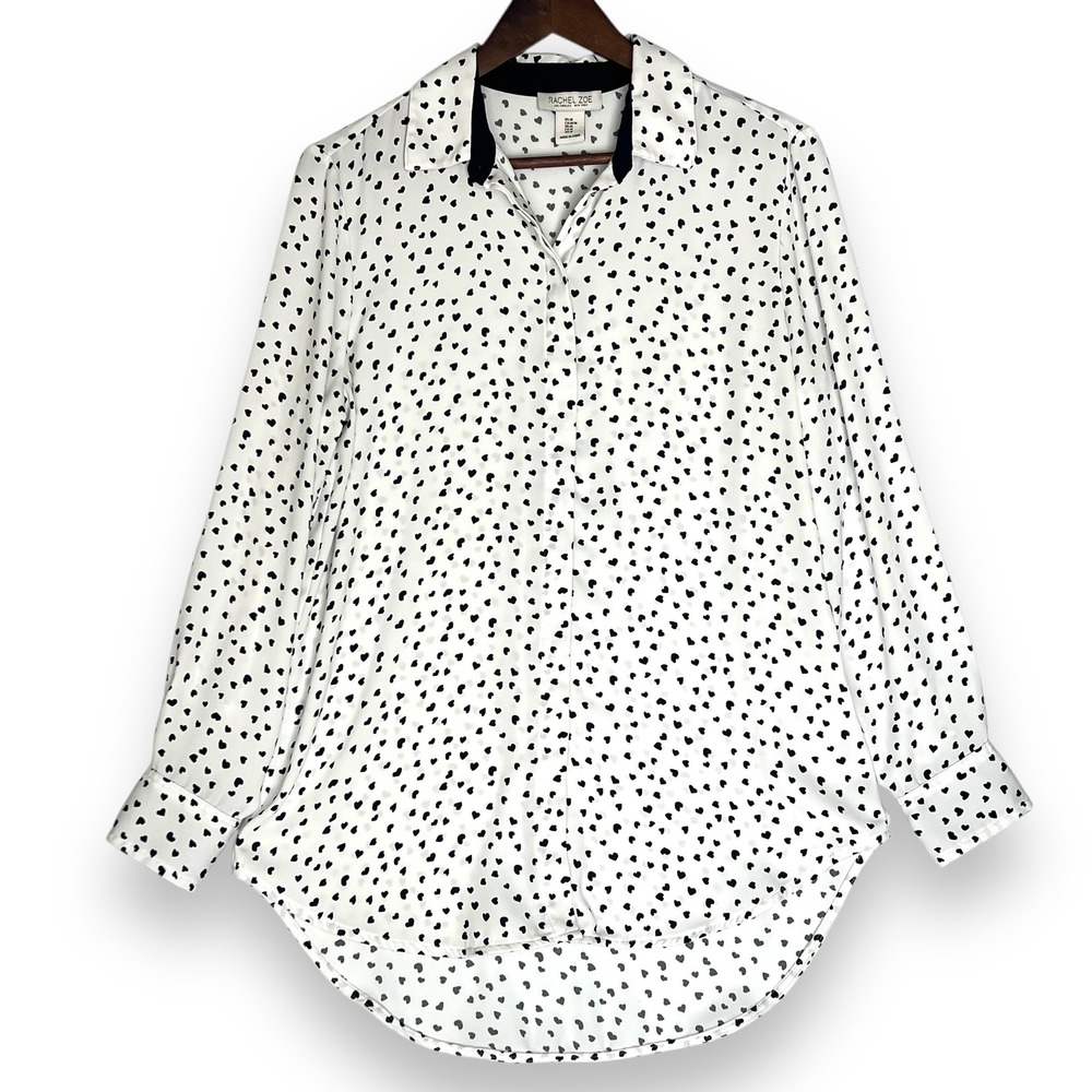 Rachel Zoe Button Up Shirt Blouse Heart Print Long Sleeve Top White Black M